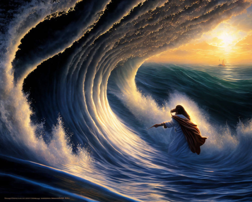 Biblical character parting towering sea wave with sunlight piercing through.