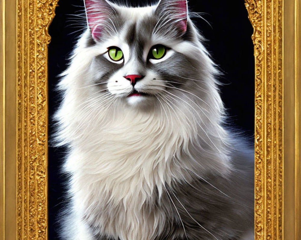 Long-haired cat with green eyes in ornate golden frame