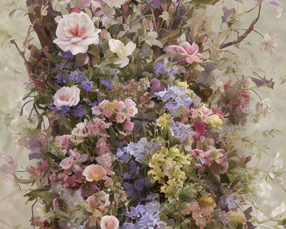 Pastel floral arrangement in wicker basket against woodland backdrop