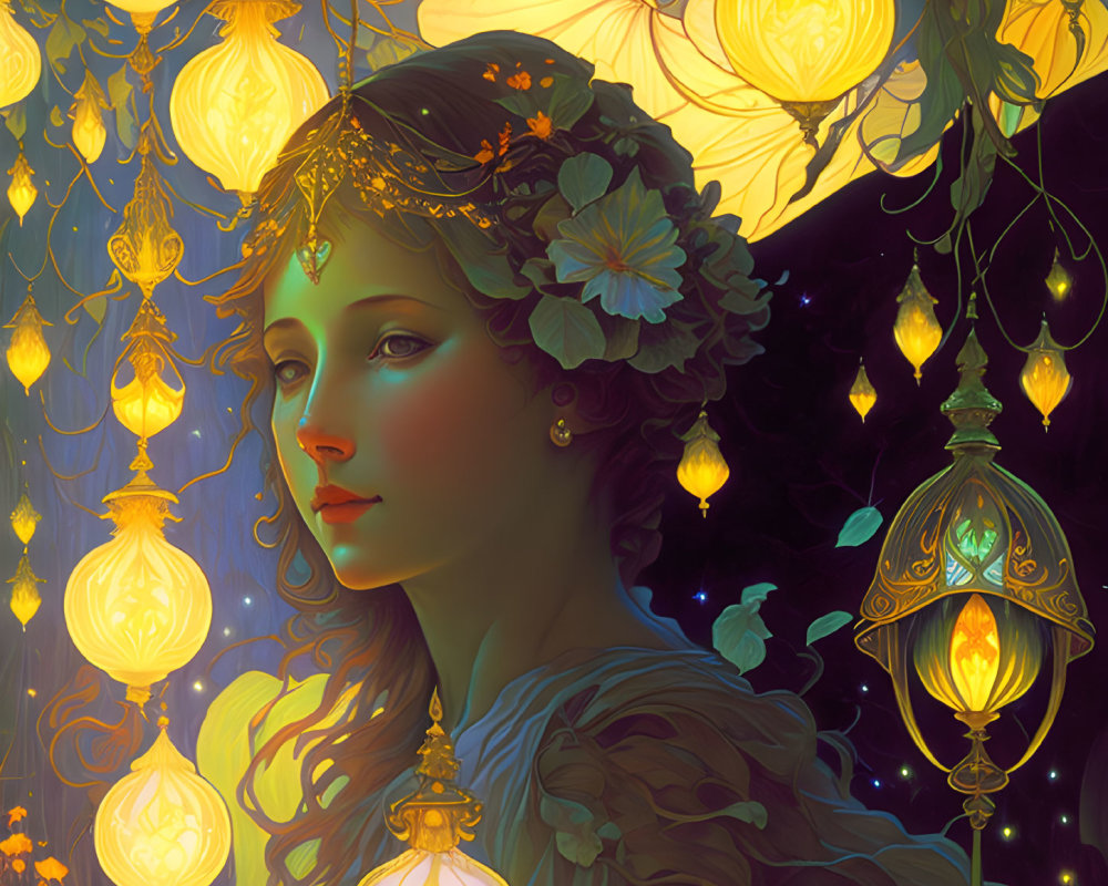 Illustrated woman with floral crown and lanterns in dark, starry scene