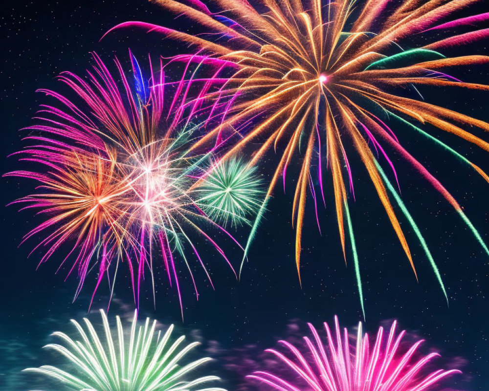 Colorful fireworks illuminate night sky over reflective water.