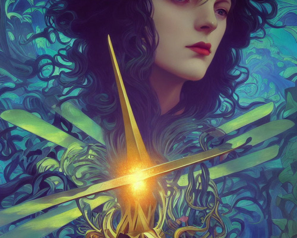 Stylized portrait of person with flowing hair holding ornate sword on blue background