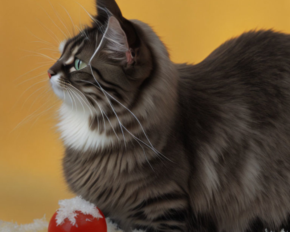 Gray and White Cat with Red Snow-Covered Ball on Yellow Background