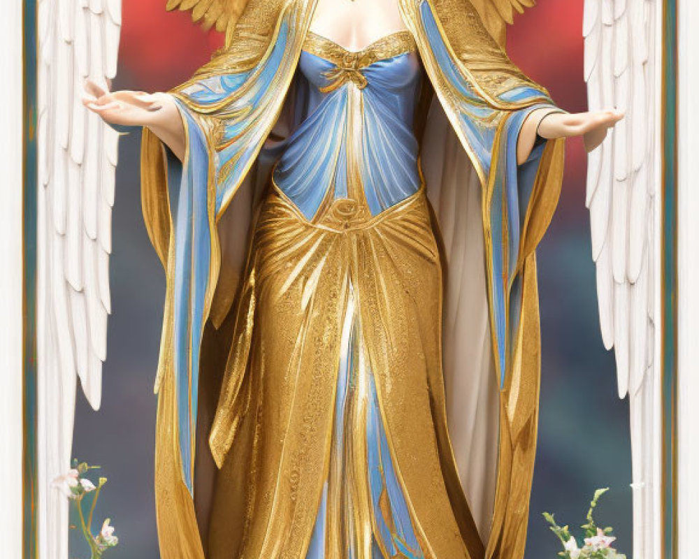 Ornate angel statue with outstretched wings and golden robes against floral backdrop