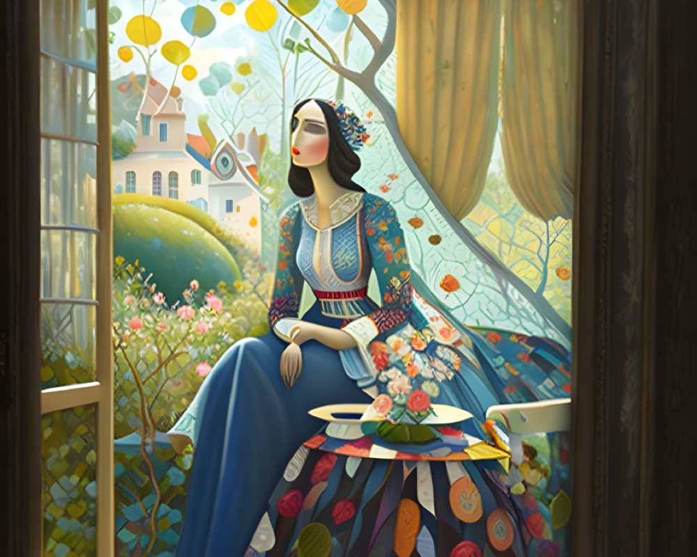 Stylized woman in blue dress with paint palette by window in vibrant garden