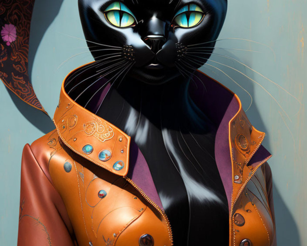 Stylized black cat with blue eyes in ornate orange jacket