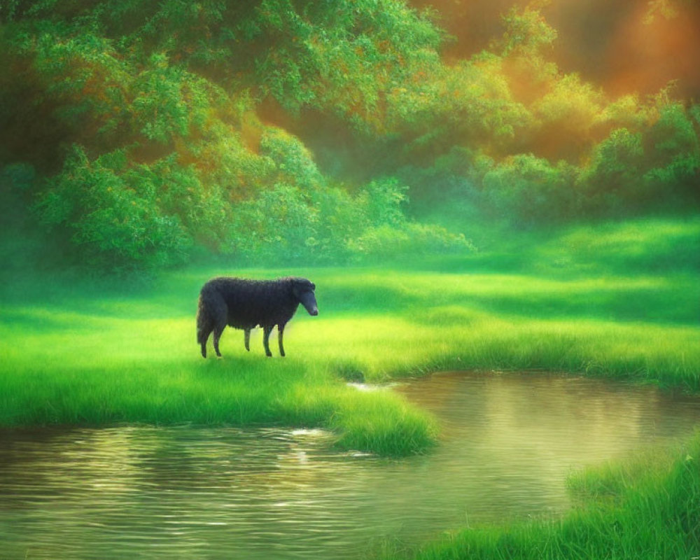 Black sheep by tranquil pond in lush meadow with sunlit trees