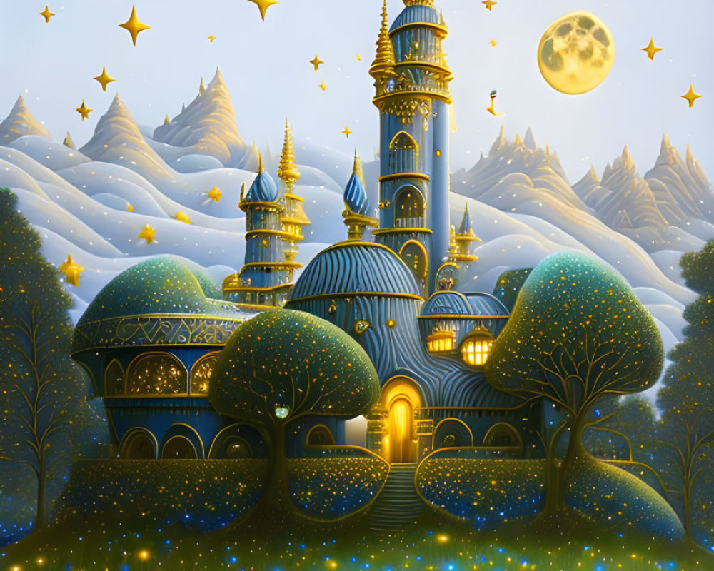 Illustration of fairytale palace with blue domes under starry night sky