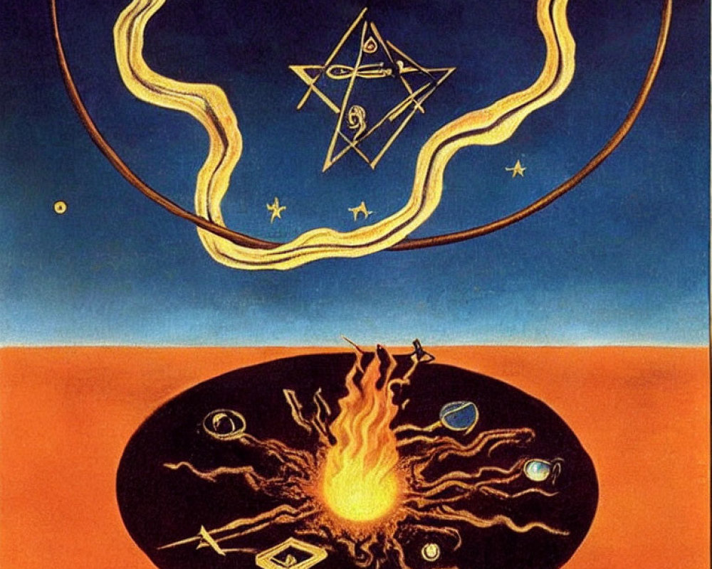 Surrealist Painting: Fiery Sun, Cosmic Symbols, Geometric Shapes