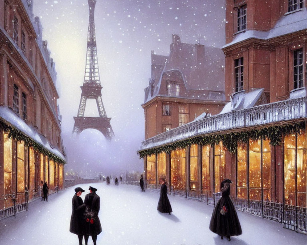 Vintage Clothing Snow-Covered Paris Street Scene with Eiffel Tower