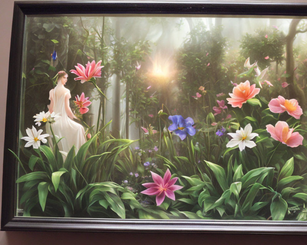 Woman in White Dress Surrounded by Vibrant Flowers and Sunlit Foliage