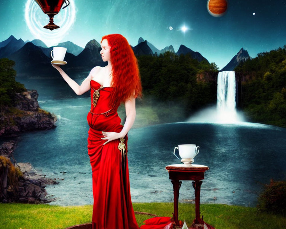 Woman in Red Dress with Floating Cup by Waterfall in Surreal Landscape