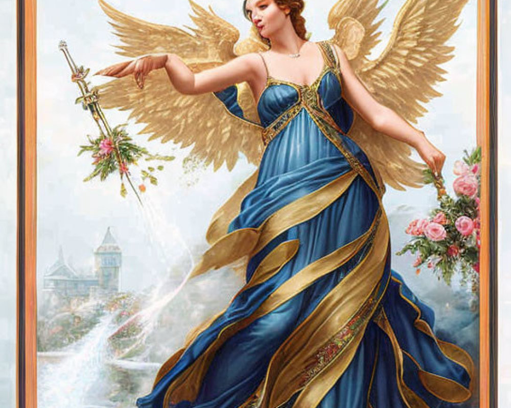 Golden-winged angel in blue gown with branch, serene landscape.