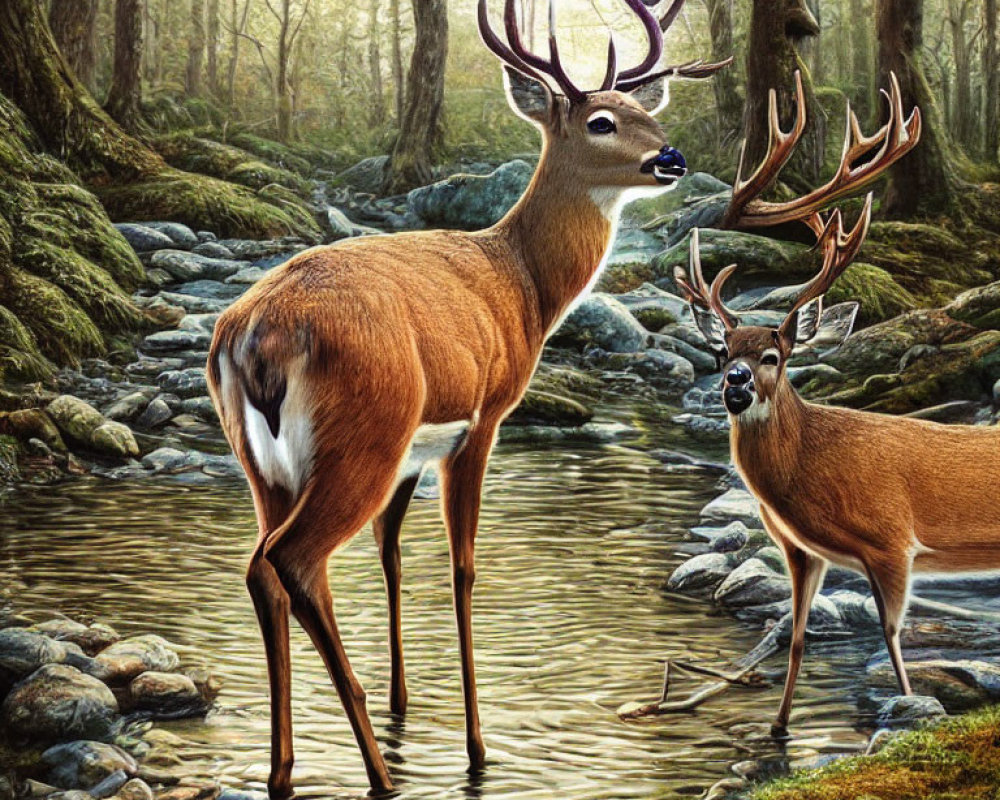 Realistic deer with tree branch antlers in serene forest scene