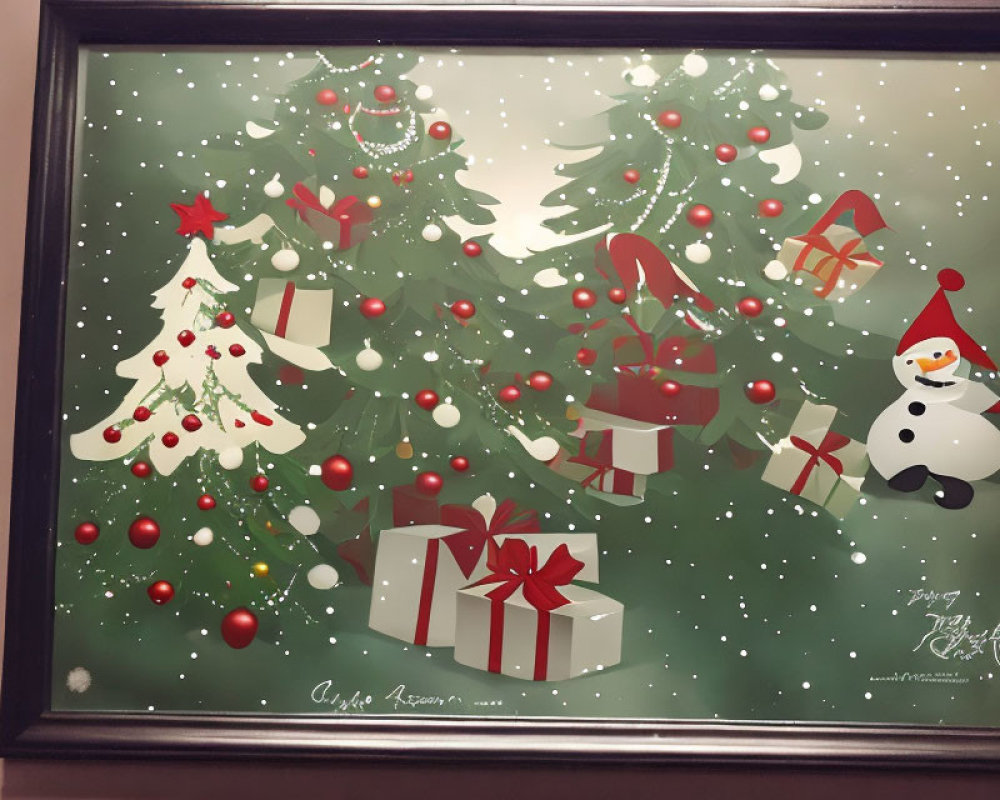 Festive Christmas-themed artwork with trees, decorations, presents, and snowman signatures