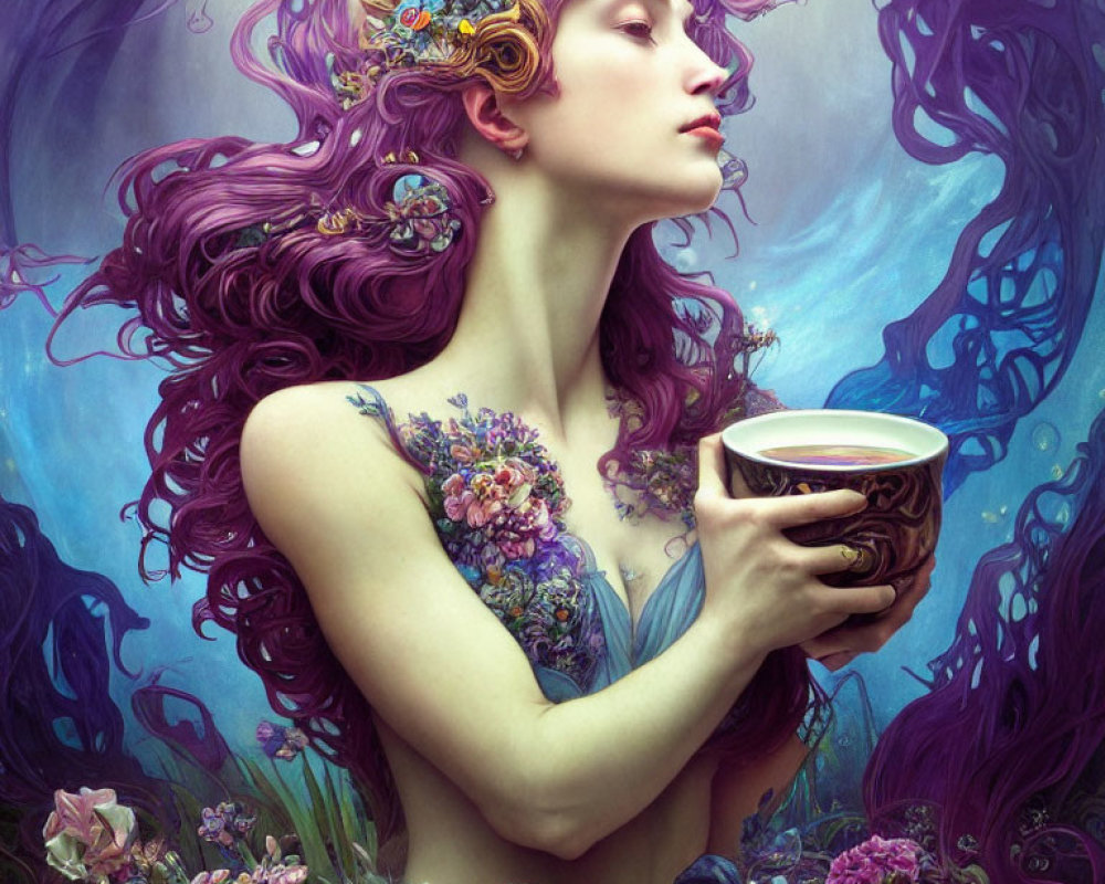 Purple-haired woman with chalice amidst flowers and flowing hair