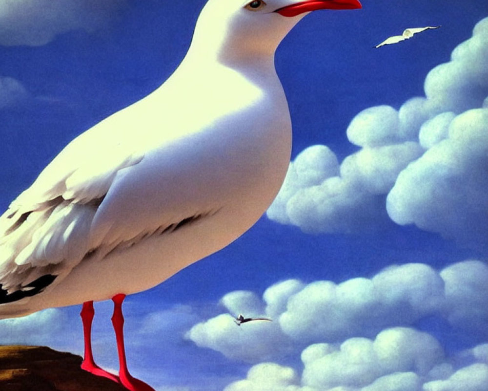 Surreal oversized seagull on rock with clouds and birds.