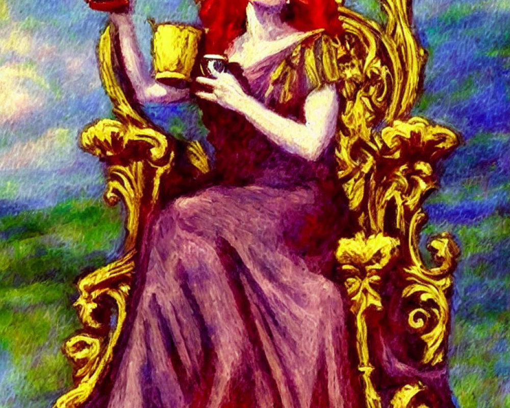 Red-Haired Woman in Purple Dress on Golden Throne with Cup