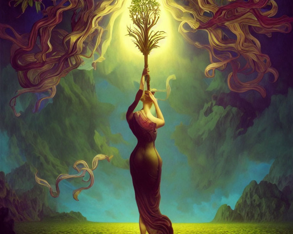 Surreal illustration of woman with flowing hair and glowing tree in mystical mountain scene