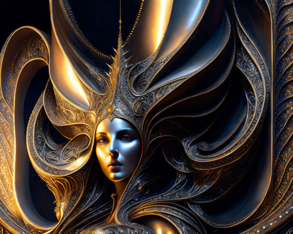 Digital artwork: Female figure with metallic skin and ornate crown in golden swirls.