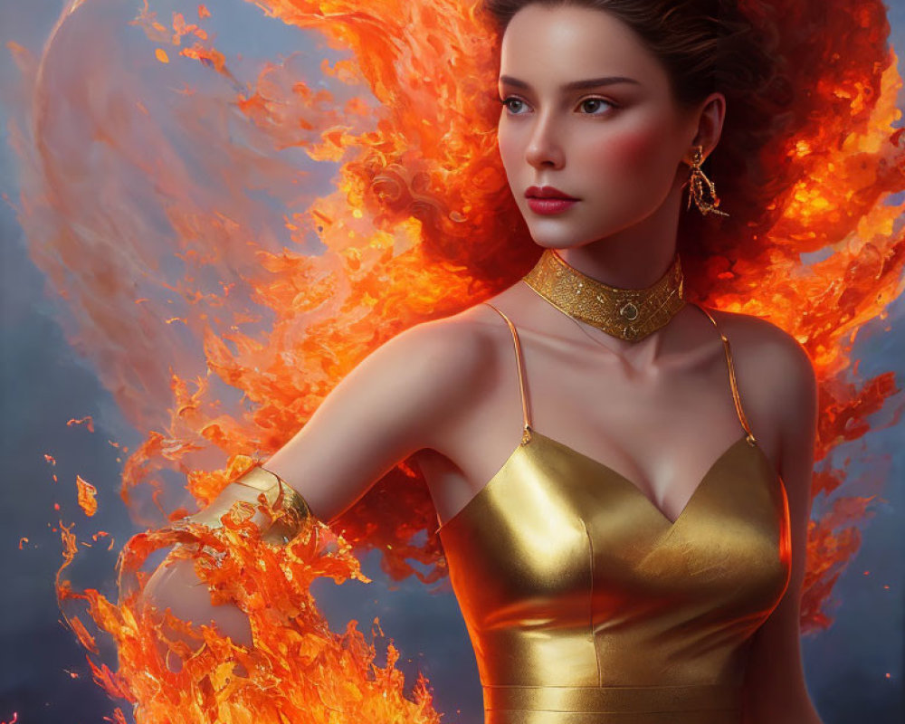 Woman in Gold Dress Surrounded by Fiery Flames