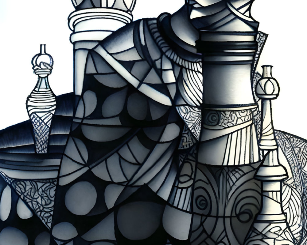 Monochromatic architectural illustration with male figure and stained glass patterns