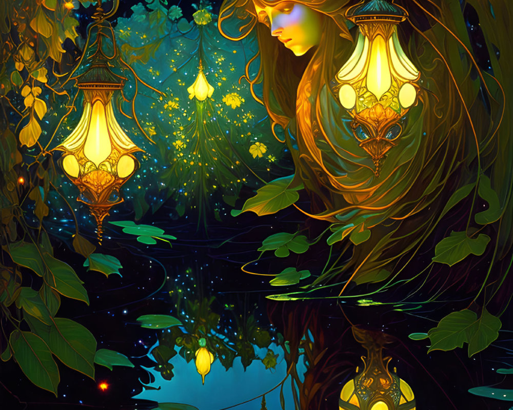 Mystical forest scene with glowing lanterns and serene woman at night