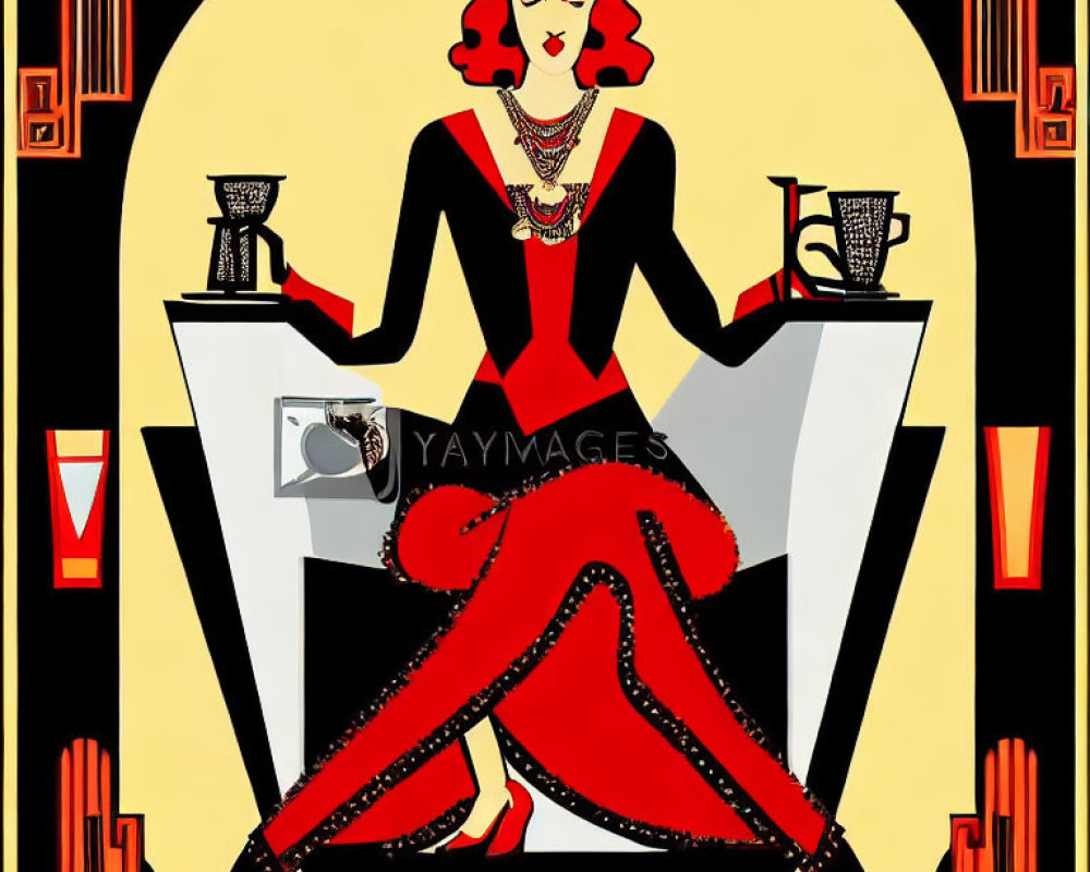 Elegant woman in red dress with crown, between black and white pillars, holding goblet