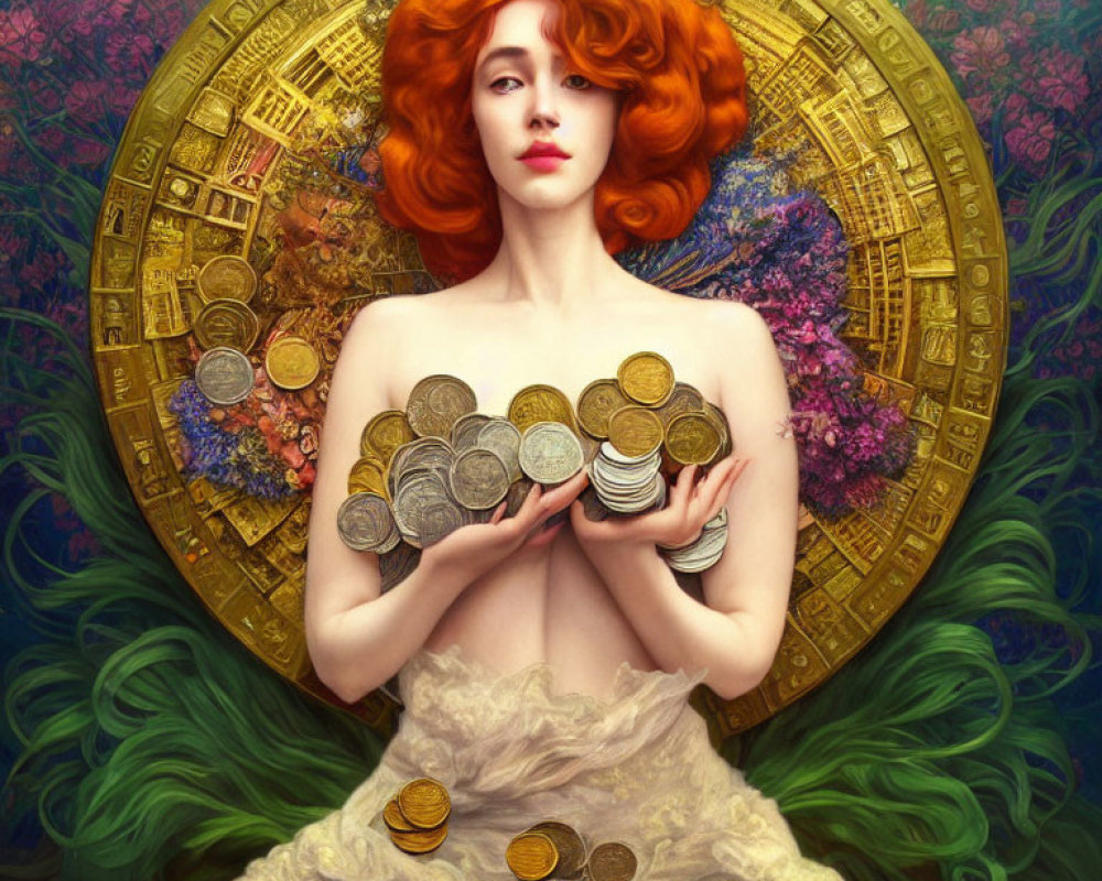 Red-haired woman in white dress with coins, green flora, and golden wheel