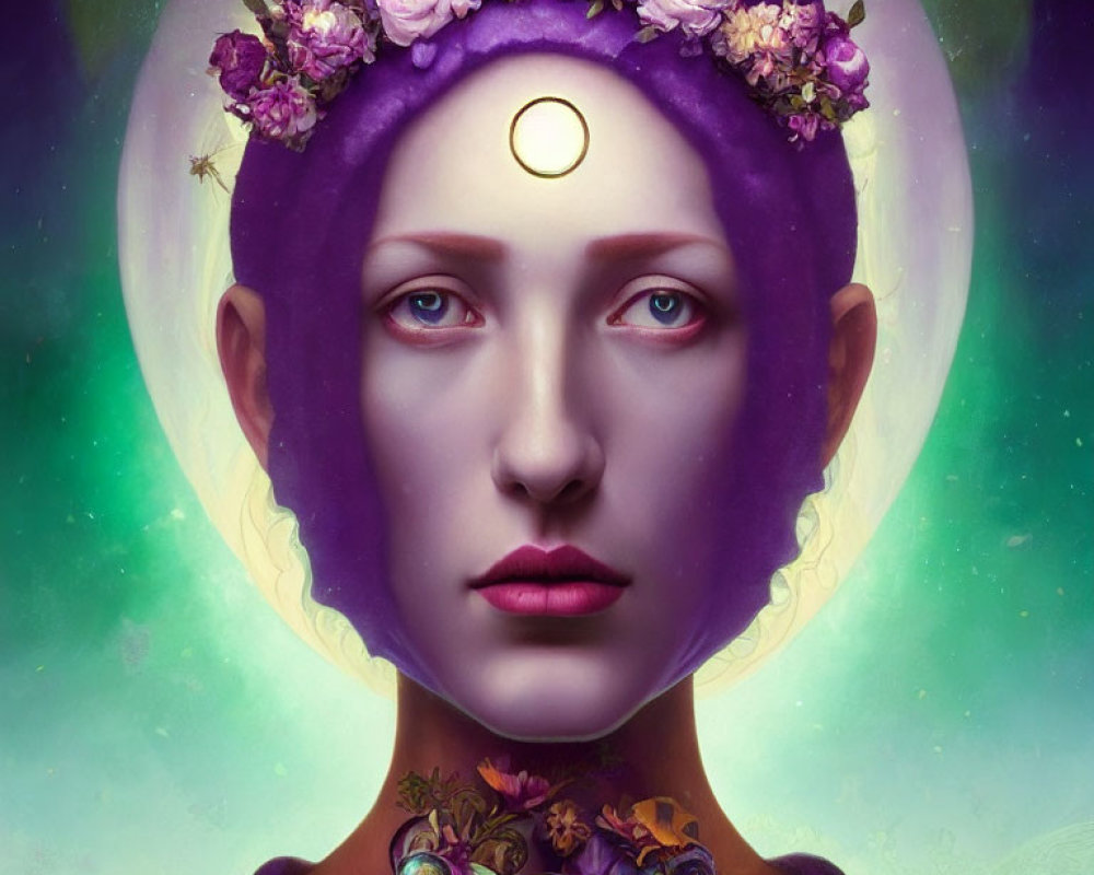 Portrait of person with purple aura, floral crown, and golden crescent symbol.