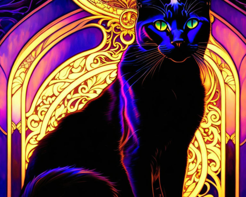 Colorful illustration of black cat with green eyes in front of stained glass window