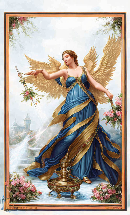 Golden-winged angel in blue gown with branch, serene landscape.