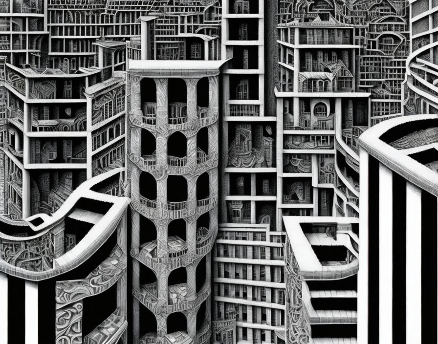 Detailed Black and White Surreal Architectural Maze Illustration