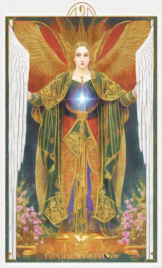 Majestic winged figure with halo in ornate green and gold robes, holding radiant light,