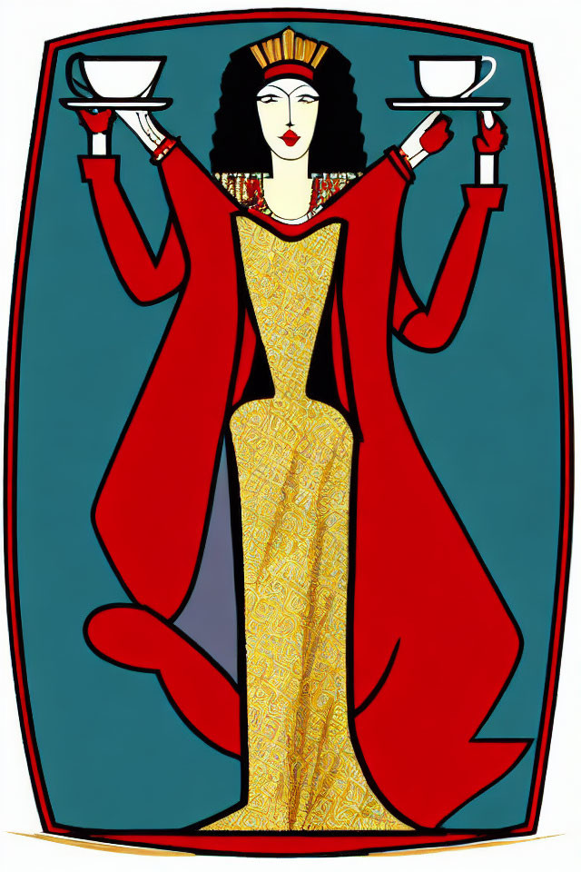 Stylized illustration of a woman with chalices, yellow dress, and red cloak