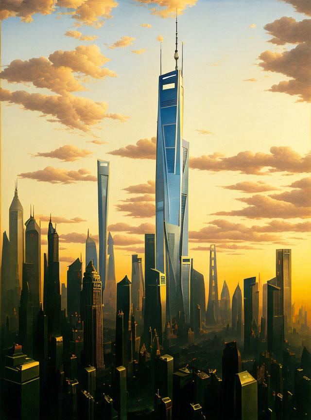 Futuristic city skyline at sunrise with towering skyscrapers