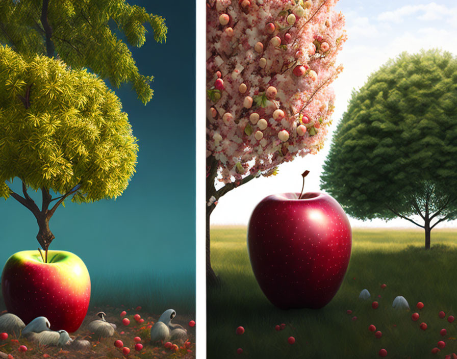 Surreal illustration of apple-shaped trees and scattered apples