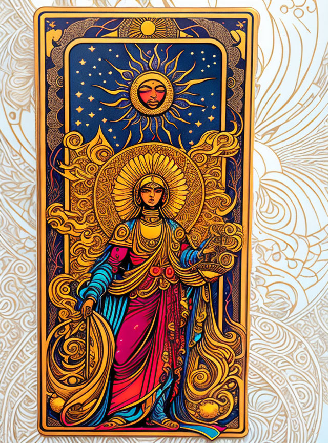 Colorful tarot card with ornate figure and celestial symbols.