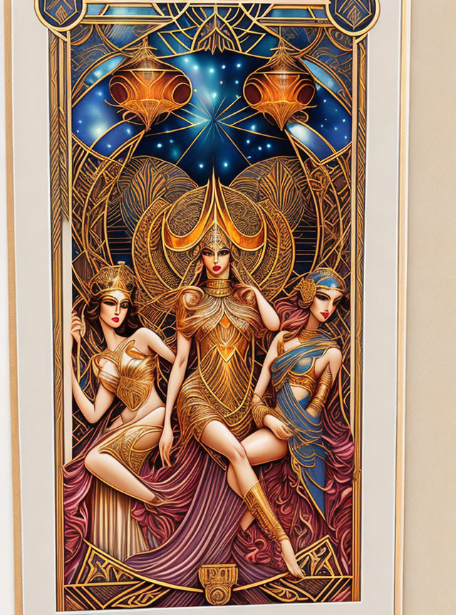 Art Nouveau-style illustration of three women with intricate headdresses against starry night backdrop