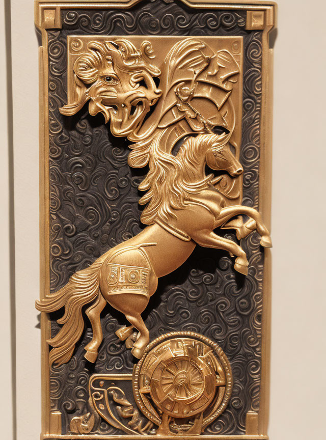 Golden relief panel of rearing horse with intricate patterns on dark background