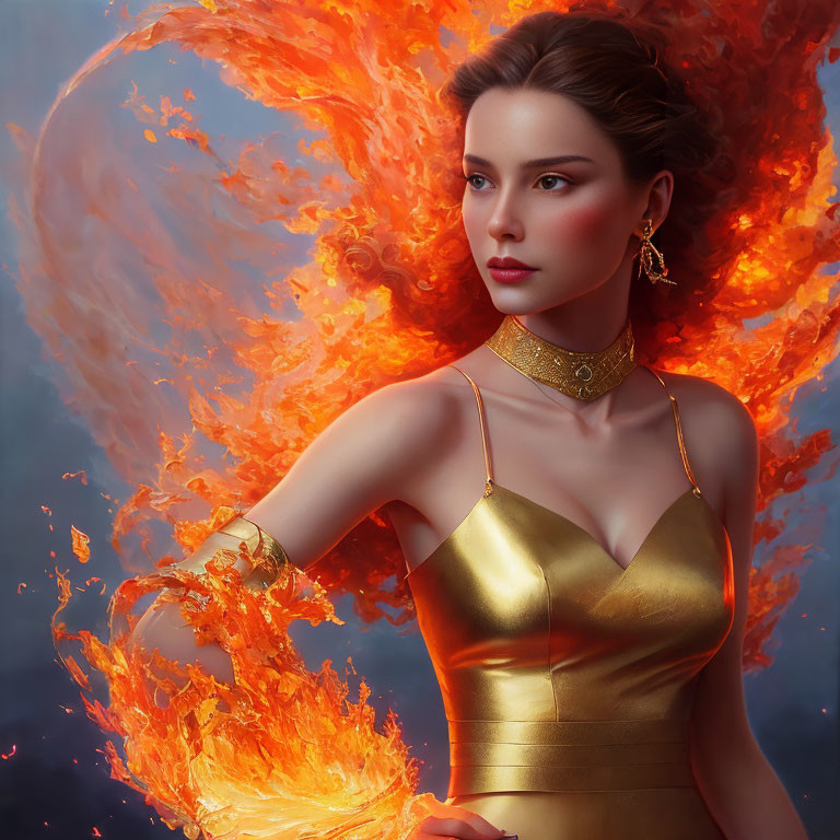 Woman in Gold Dress Surrounded by Fiery Flames