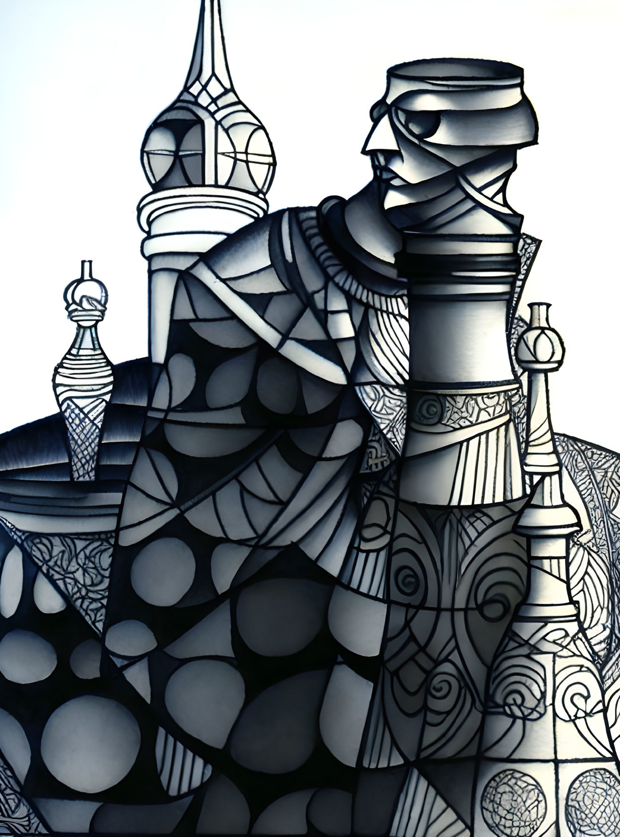 Monochromatic architectural illustration with male figure and stained glass patterns