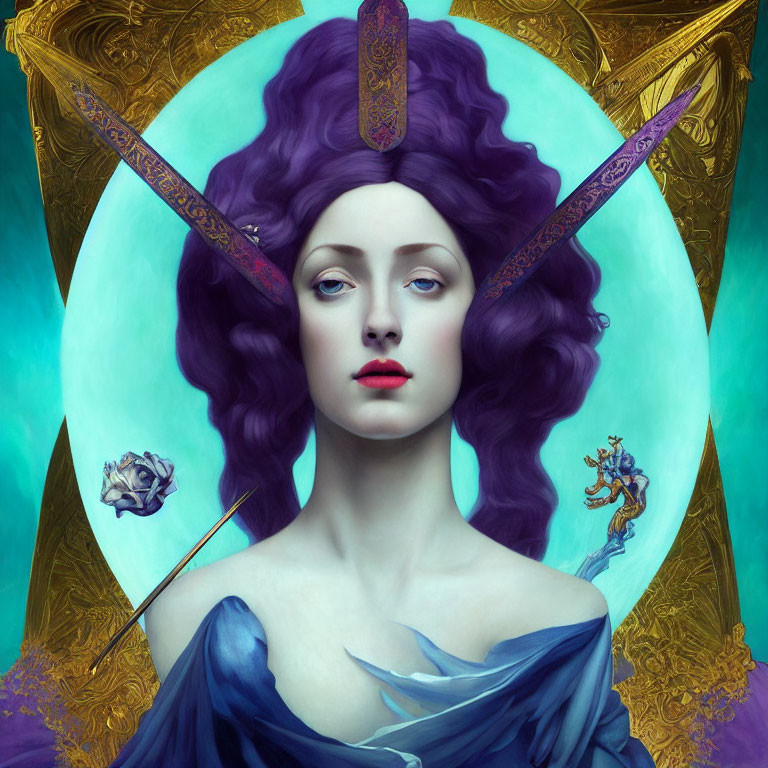 Portrait of Woman with Purple Hair and Golden Accessories on Teal Background