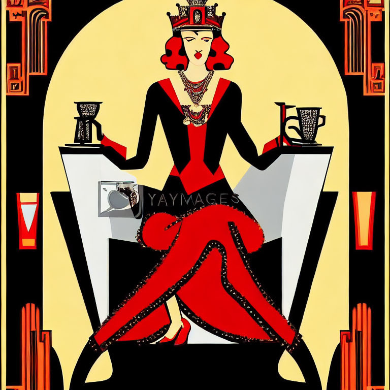 Elegant woman in red dress with crown, between black and white pillars, holding goblet