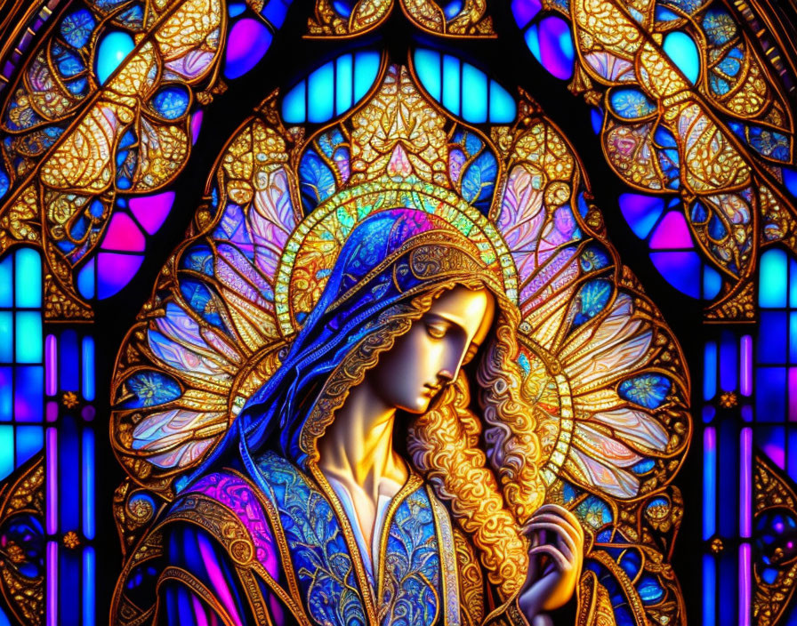 Colorful Stained Glass Window Featuring Figure with Halo in Rich Blues, Purples, and Gold