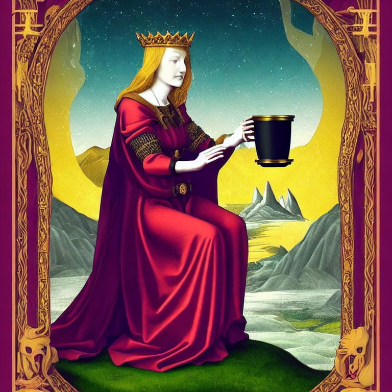 Stylized queen illustration in red robe with crown, holding cup, under golden arch with mountain backdrop