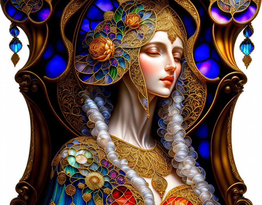 Stylized digital art of a woman with jewel-toned decorations