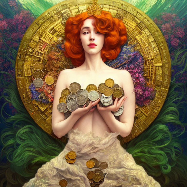 Red-haired woman in white dress with coins, green flora, and golden wheel