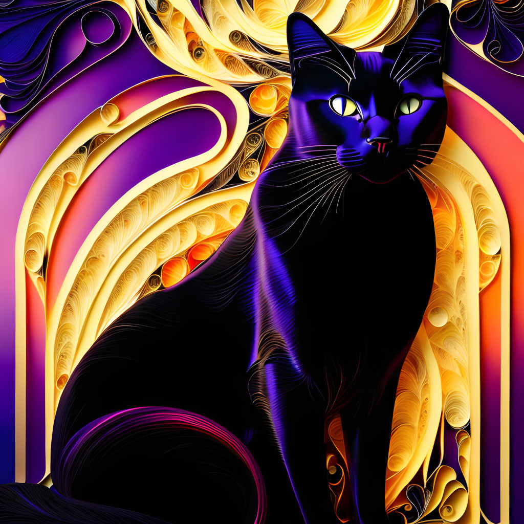 Stylized digital artwork: Black cat with green eyes on vibrant background