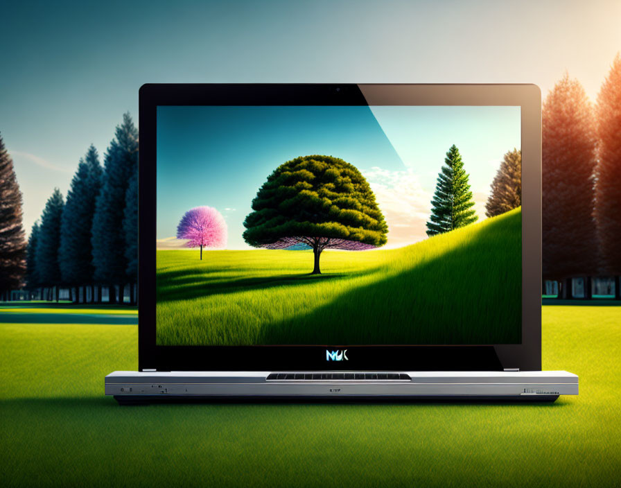 Vibrant tree wallpaper on laptop screen in grassy landscape